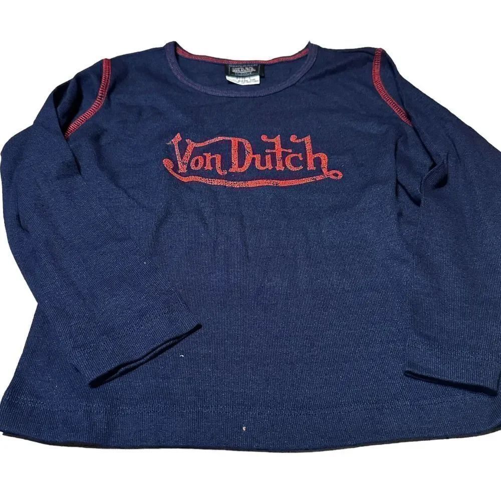 Von Dutch Vintage Girls Blue & Red Logo T-Shirt Long Sleeve Size 6